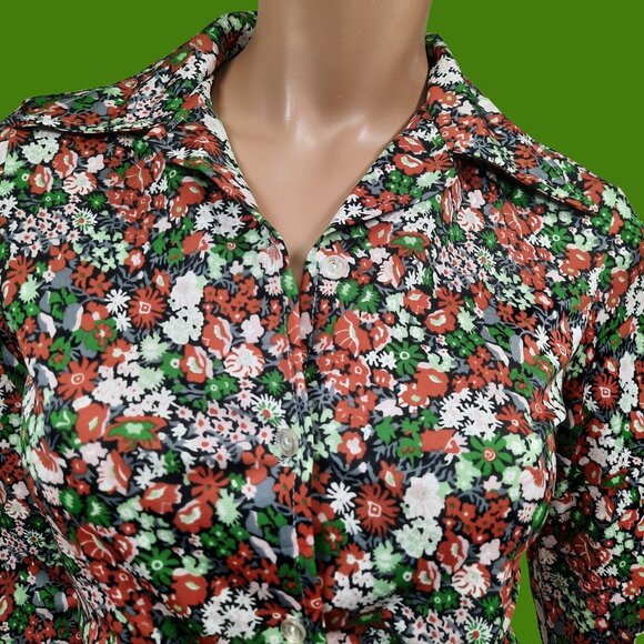 Vintage 70s Blouse Belted Floral Disco Dagger Collar Long Sleeve Button Up Sz S - Picture 4 of 11
